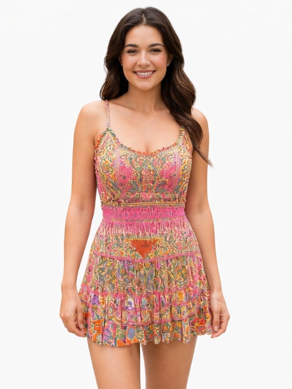 Olivaceous Multicolor Smocked Mini Dress Medium – Adjustable Straps, Ruffle Hem